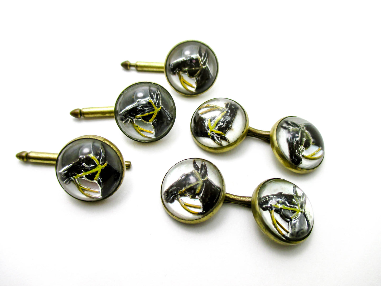 1930s Equestrian Jewelry - Reverse Painted Horse Cufflinks and Studs