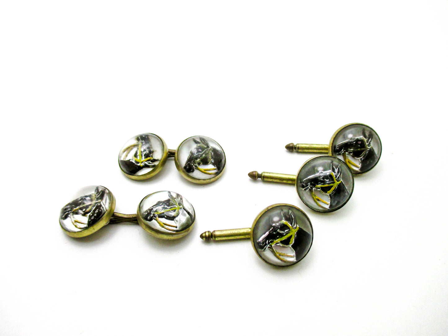 1930s Equestrian Jewelry - Reverse Painted Horse Cufflinks and Studs
