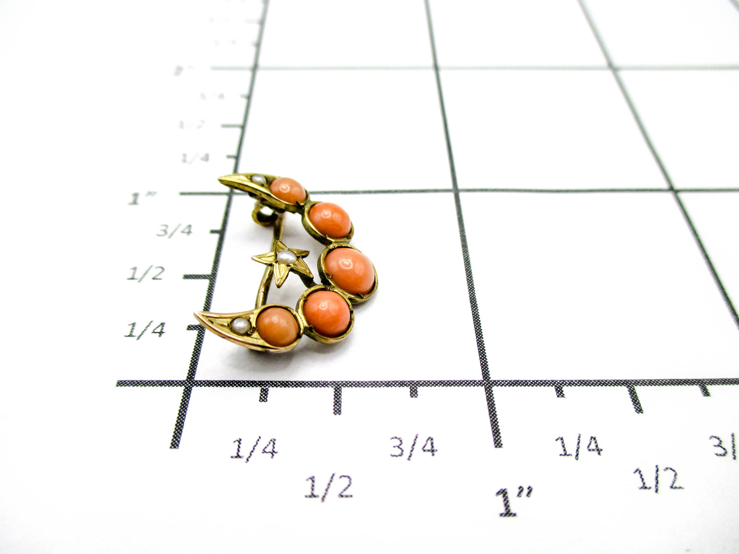 Antique Crescent Moon and Star - Coral and Seed Pearls