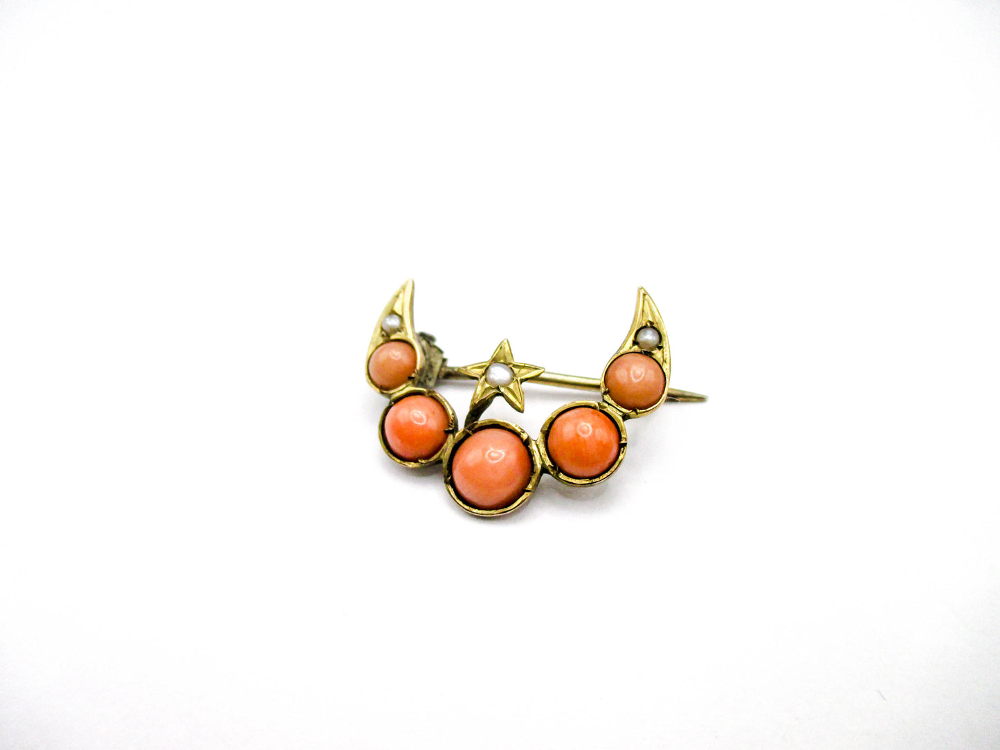 Antique Crescent Moon and Star - Coral and Seed Pearls