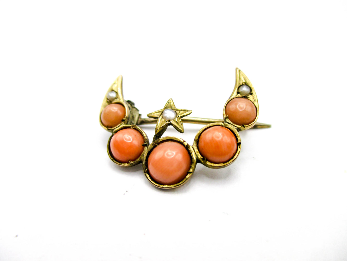 Antique Crescent Moon and Star - Coral and Seed Pearls