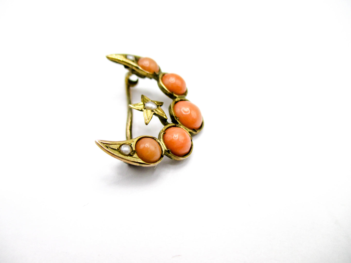 Antique Crescent Moon and Star - Coral and Seed Pearls