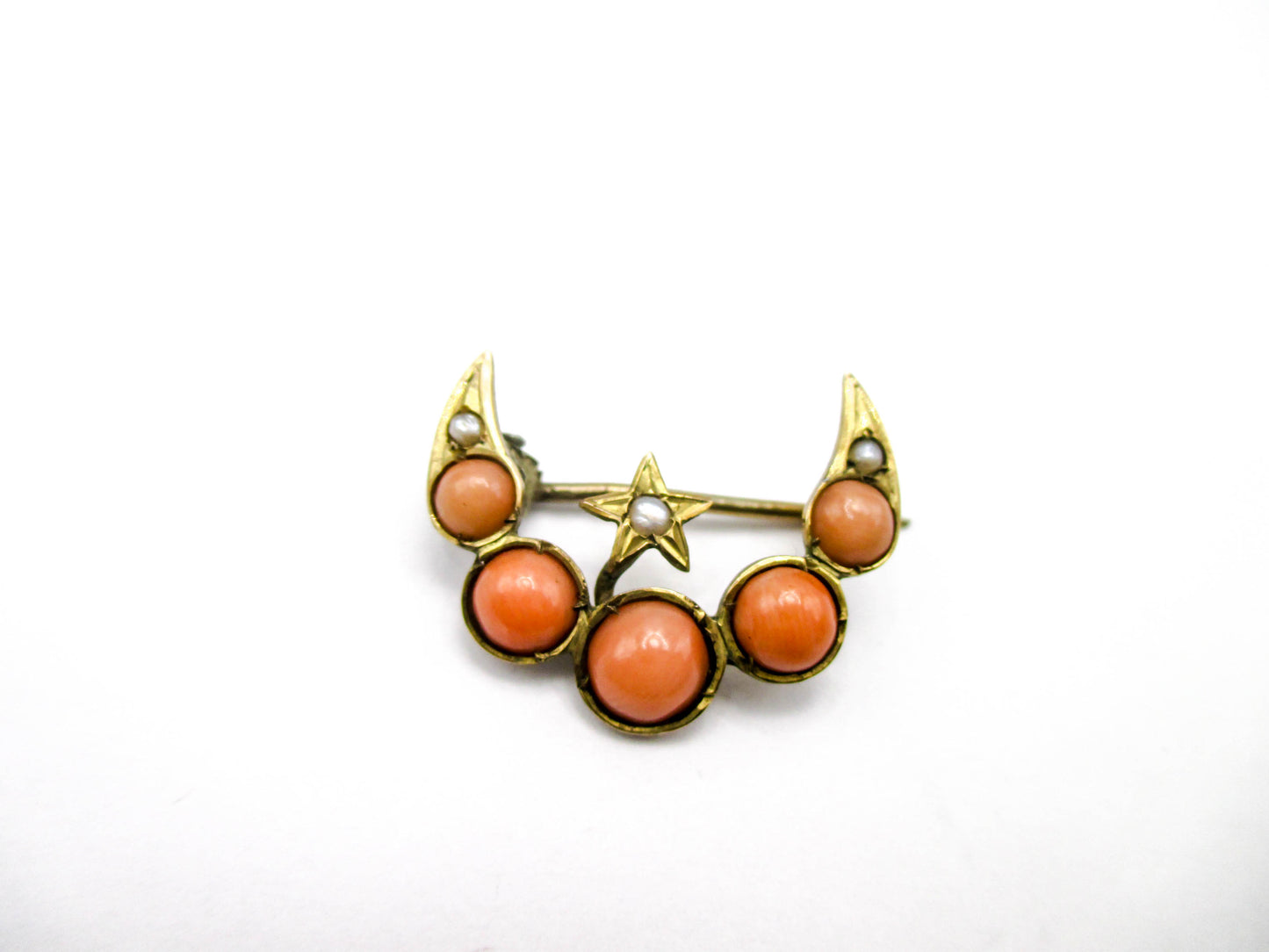 Antique Crescent Moon and Star - Coral and Seed Pearls