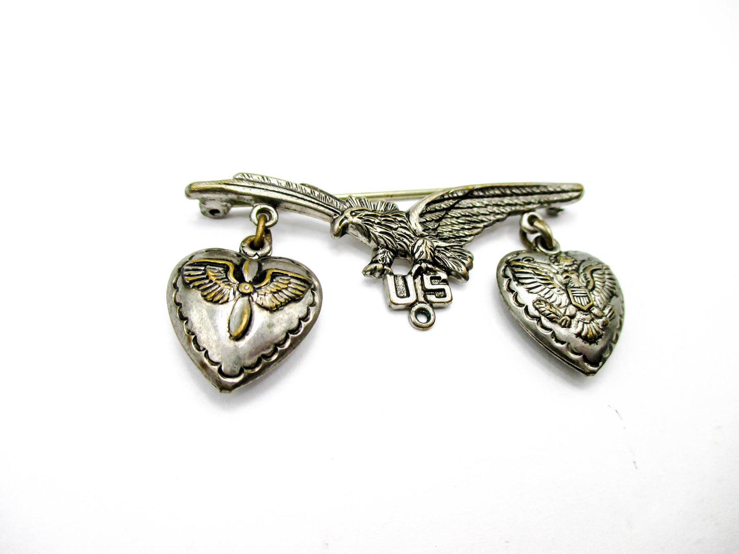 WWII Sweetheart Pin with Puffy Hearts - Missing Middle Dangle