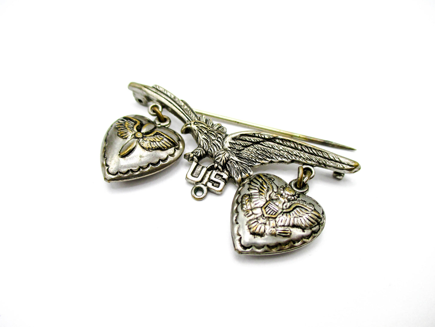 WWII Sweetheart Pin with Puffy Hearts - Missing Middle Dangle