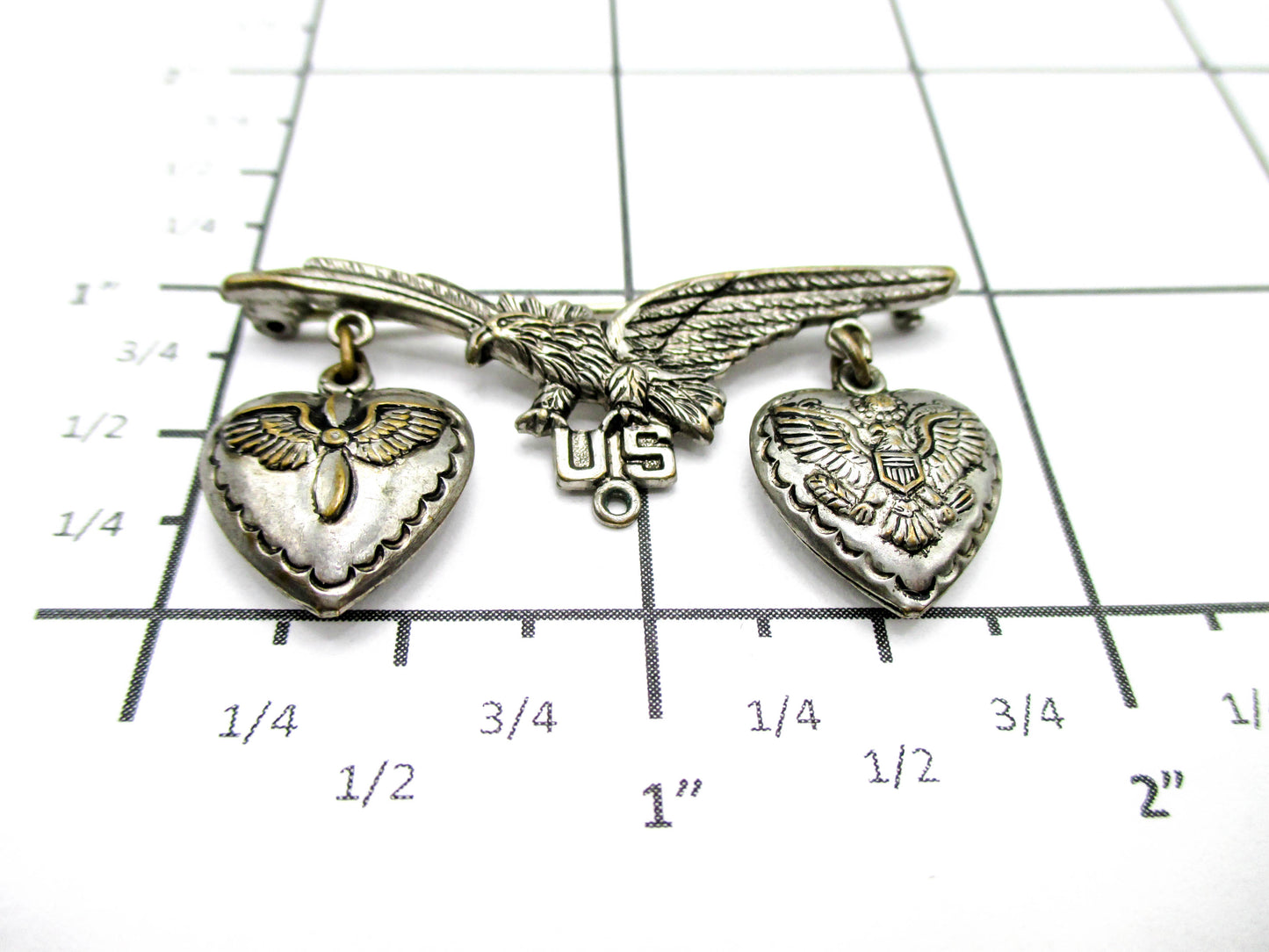 WWII Sweetheart Pin with Puffy Hearts - Missing Middle Dangle