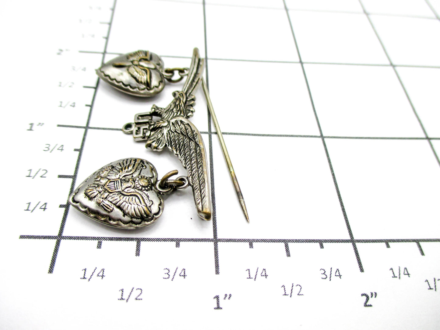 WWII Sweetheart Pin with Puffy Hearts - Missing Middle Dangle