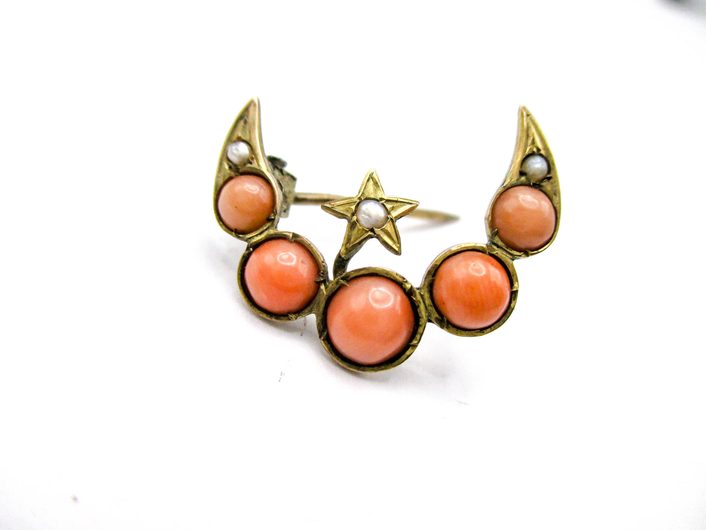 Antique Crescent Moon and Star - Coral and Seed Pearls
