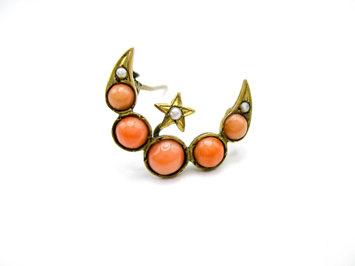Antique Crescent Moon and Star - Coral and Seed Pearls