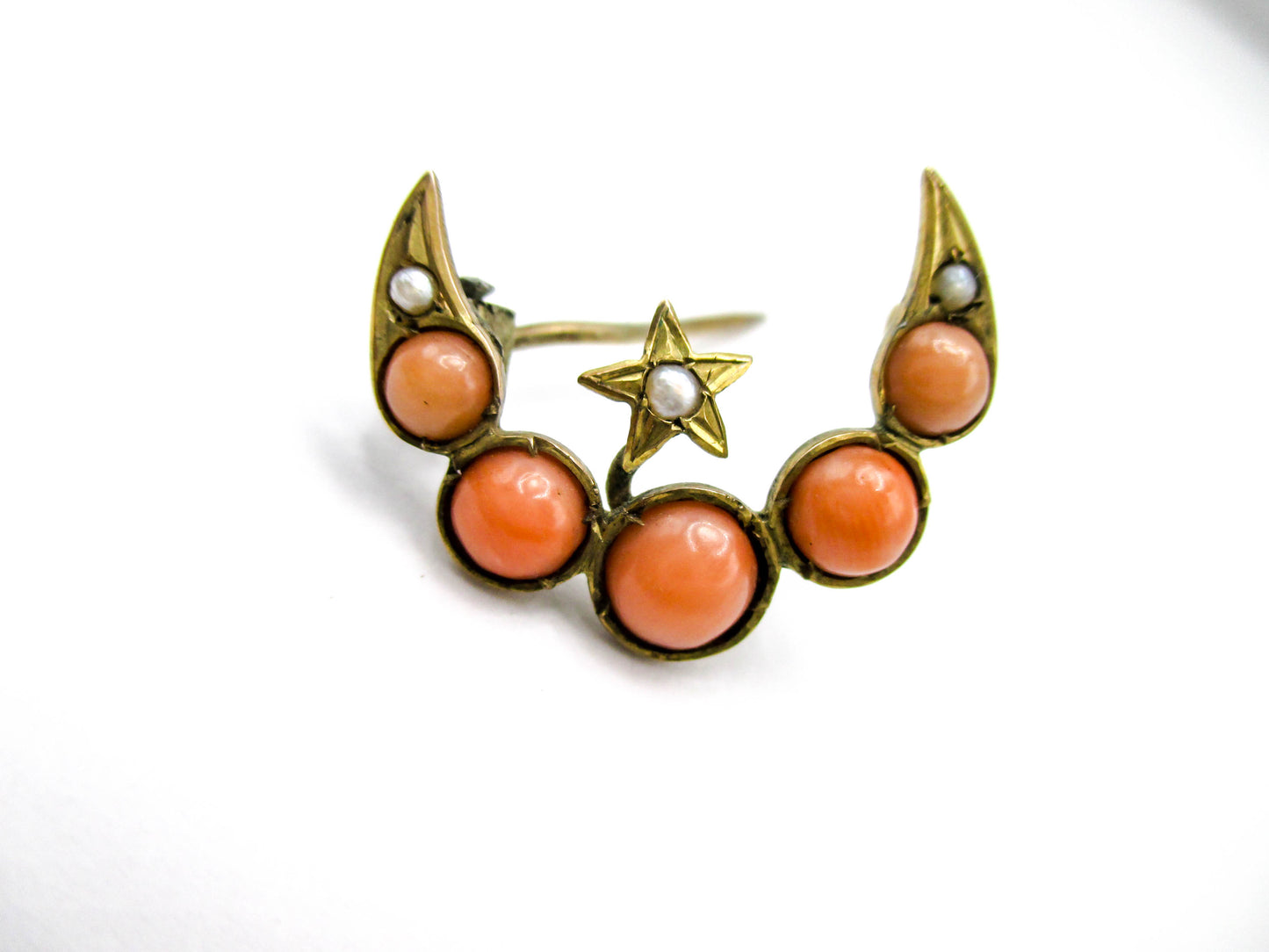 Antique Crescent Moon and Star - Coral and Seed Pearls