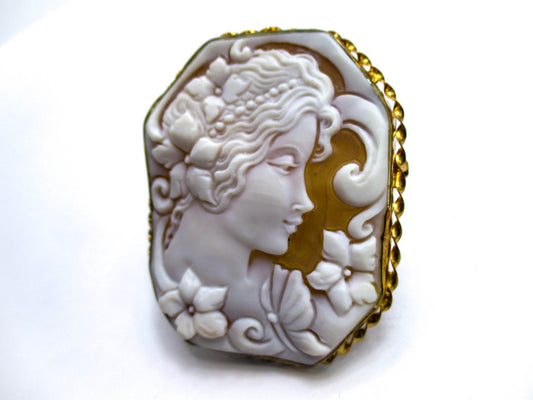 Carved Shell Cameo of a Young Lady, Some Flowers, and her Butterfly