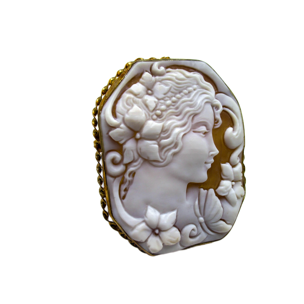 Large Cameo Brooch Pendant - Carved Shell of a Young Lady, Flowers, and Butterfly